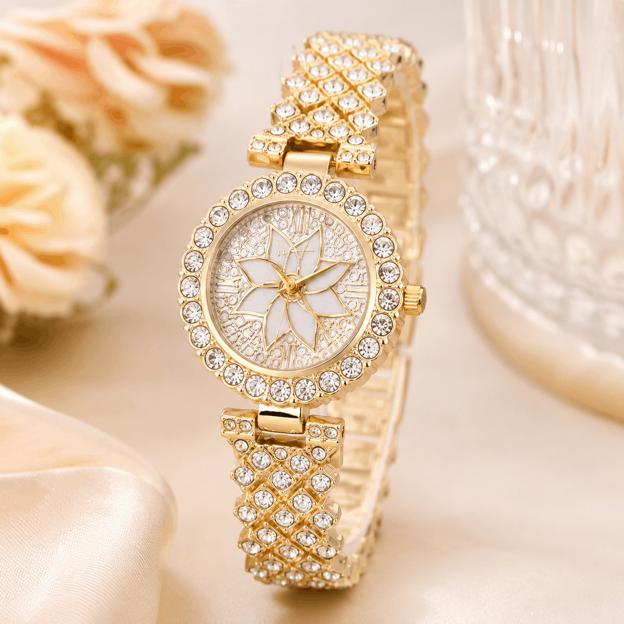 Luxury Floral Crystal Quartz Wrist Watch for Women – Golden